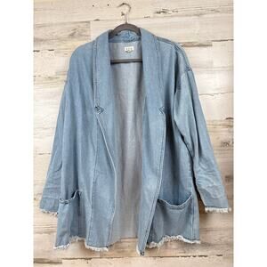 POL Womens M Light Blue Oversized Denim Boho Long Sleeve Fray Hem Blazer Jacket